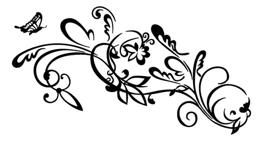 Sticker Calcomania La Mariposa Entre Tallos Y Flores Vinilo Negro